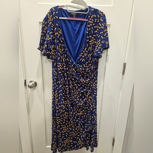 Kasper Women’s Plus 3X Blue Yellow Polka Dot Draped Stretch Dress Short Sleeve